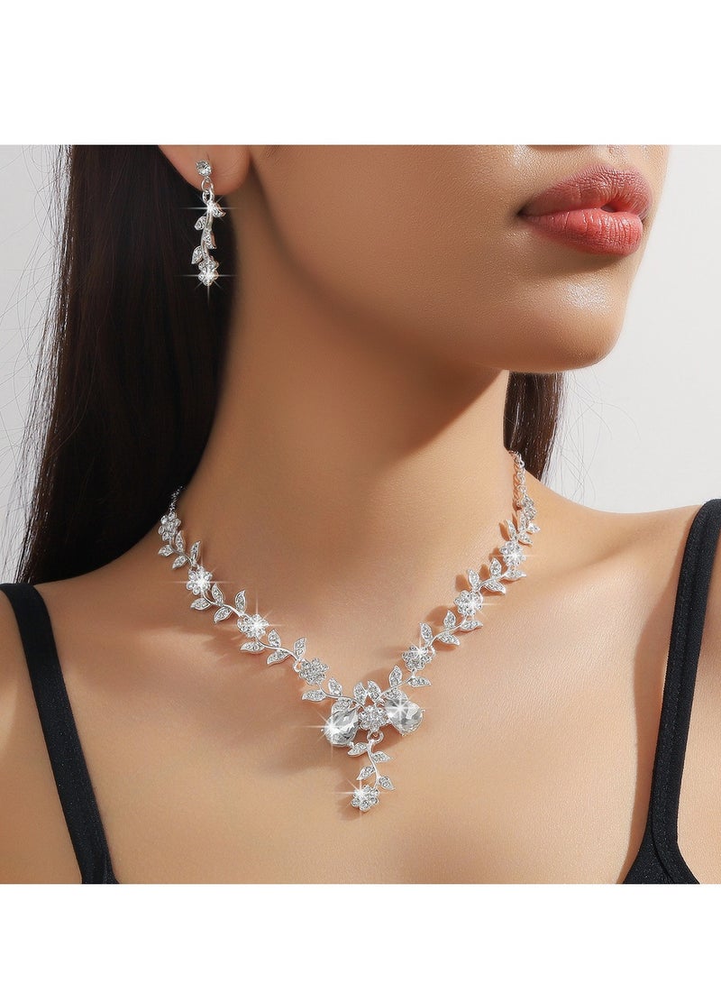 GUDOO 3 Pack Necklace Earrings Set Rose Flower Rhinestone Zircon Pendant Drop Dangle Bridal Evening Dress Accessories for Women Silver - Image 1