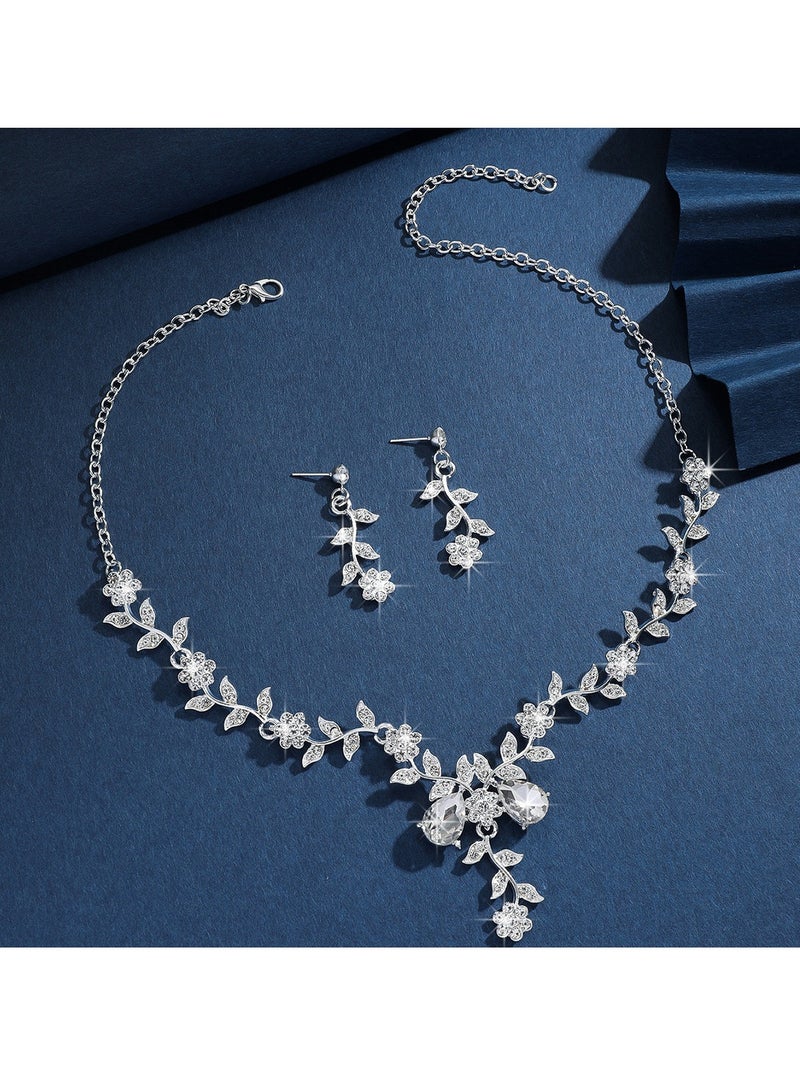 GUDOO 3 Pack Necklace Earrings Set Rose Flower Rhinestone Zircon Pendant Drop Dangle Bridal Evening Dress Accessories for Women Silver - Image 2