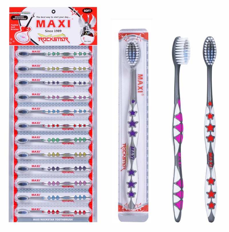 MAXI Rockstar Soft Bristles Toothbrush, Multicolor (Pack of 12) - Image 1