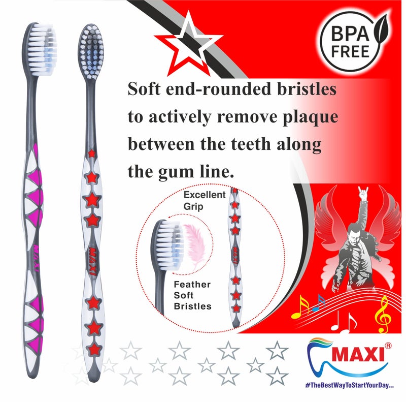 MAXI Rockstar Soft Bristles Toothbrush, Multicolor (Pack of 12) - Image 2