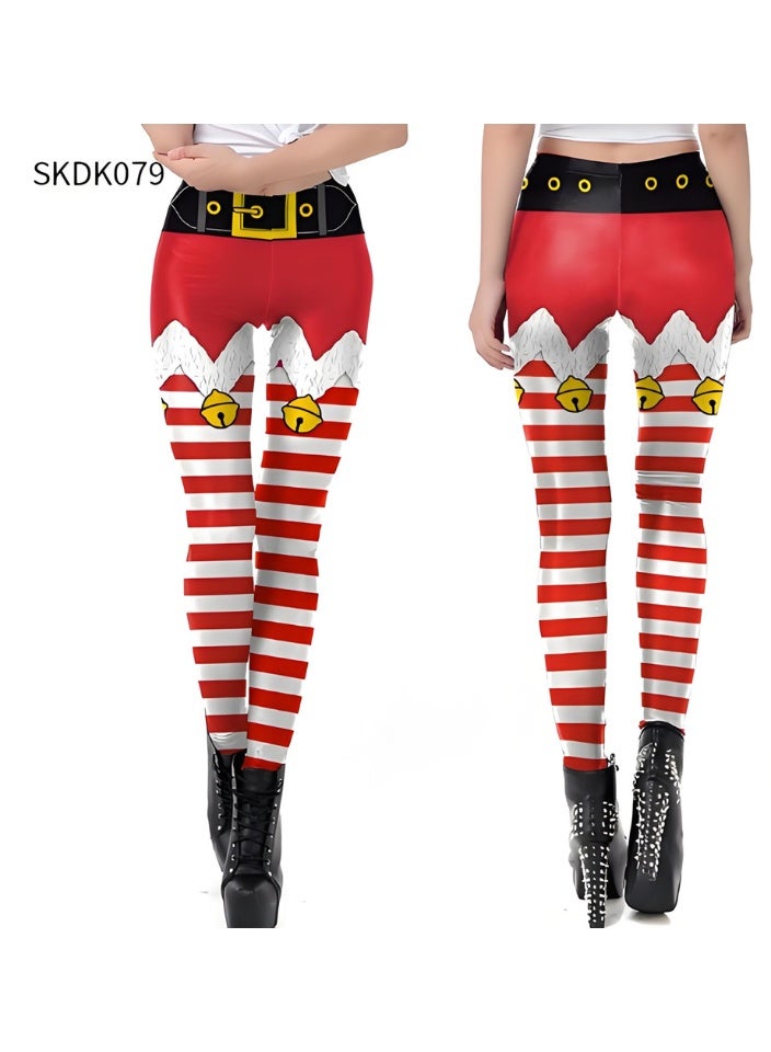 إسكدنيا النساء مطبوعة عيد الميلاد ملابس عالية الخصر عيد الميلاد ضيق العطلة بنطلون رقيقة - Image 2