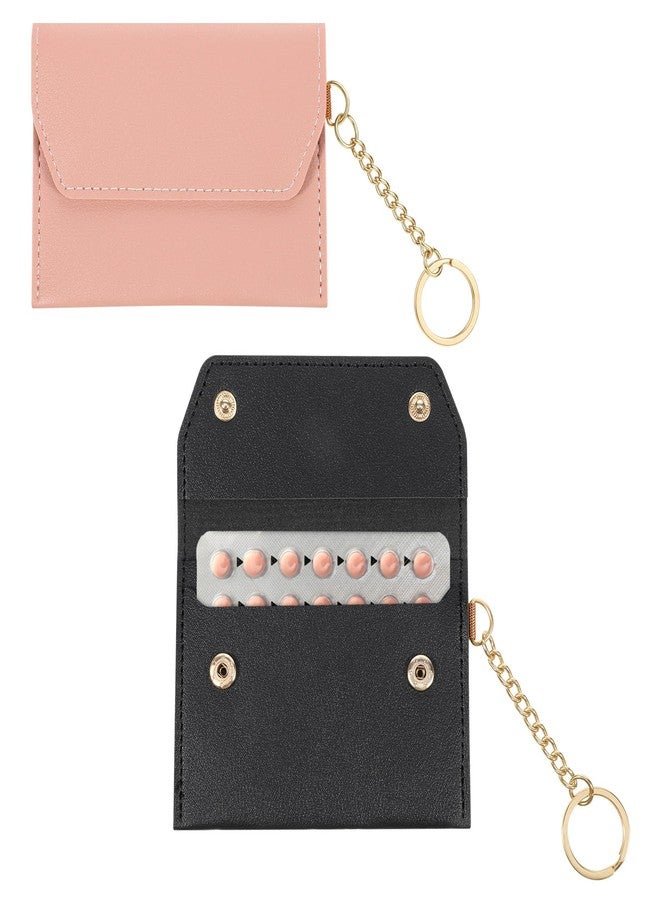 Sliverdew 2 Pack Birth Control Pill Case Sleeve Packet 4.3 X 3.2 Inch PU Leather Wallet Pill Holder Privacy Protection Birth Control Pills Wallet with Key Ring for Pills Card Organizer (Black & Pink) - Image 1