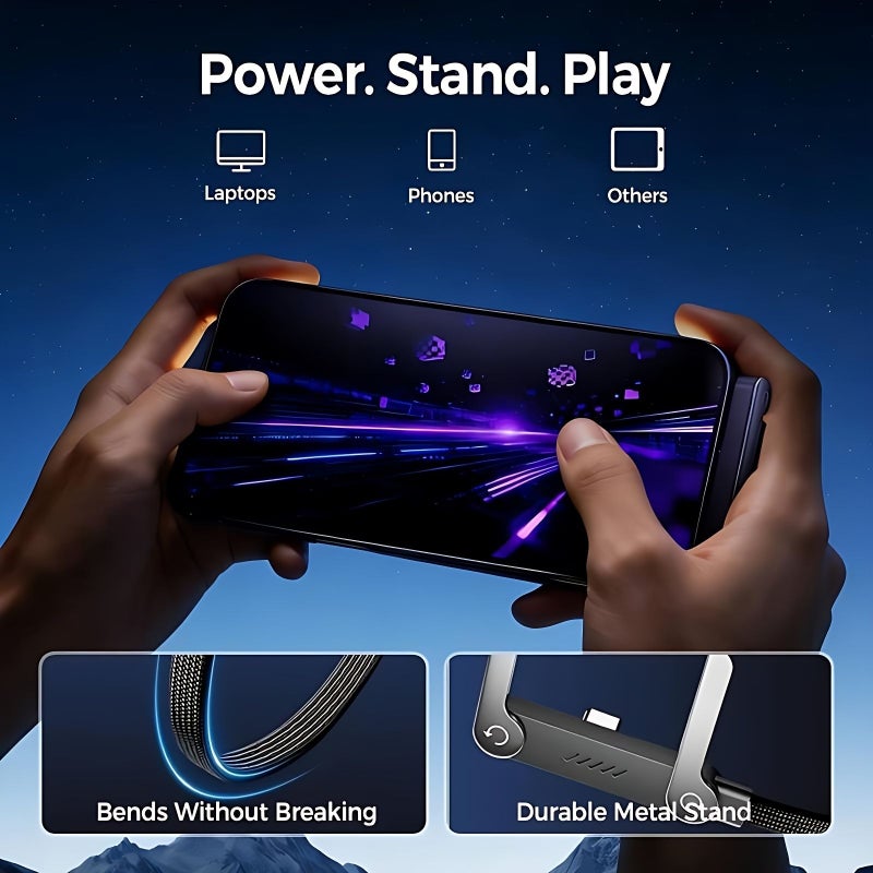 كابل شحن سريع أسود بقدرة 65 واط، نوع USB-C، مع حامل تلفون قابل للطي مدمج، متوافق مع سلسلة iPhone 15 و16 و17، بطول 150 سم. - Image 3