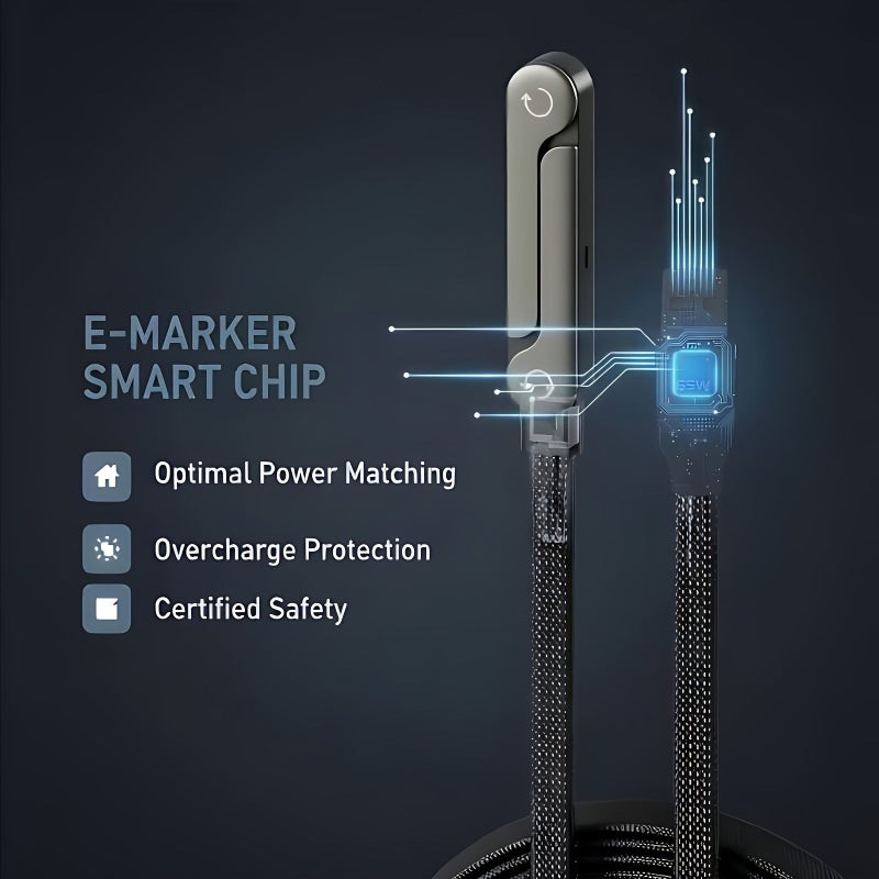 كابل شحن سريع أسود بقدرة 65 واط، نوع USB-C، مع حامل تلفون قابل للطي مدمج، متوافق مع سلسلة iPhone 15 و16 و17، بطول 150 سم. - Image 4