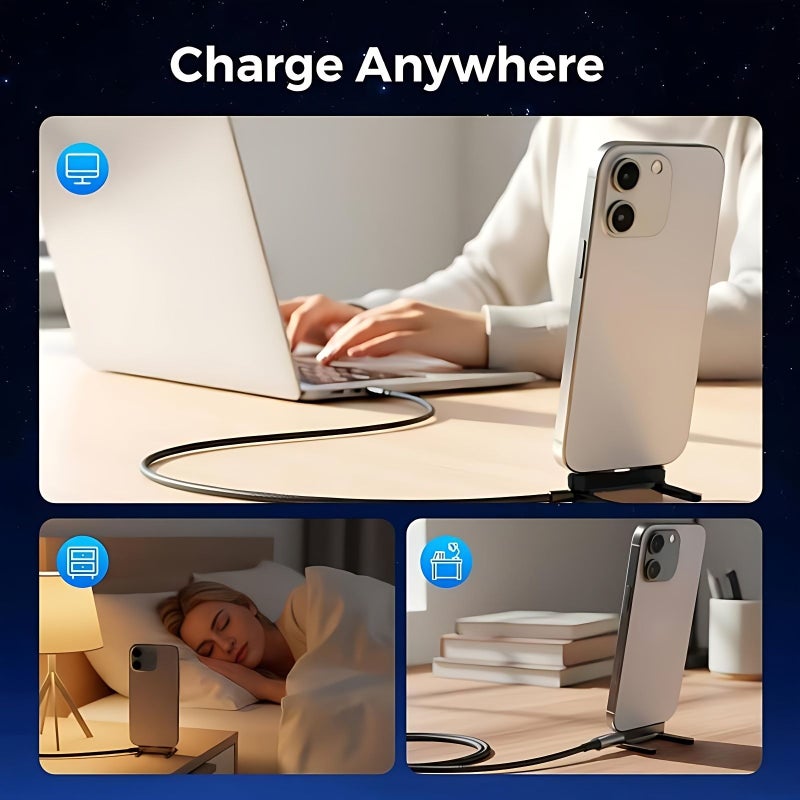 كابل شحن سريع أسود بقدرة 65 واط، نوع USB-C، مع حامل تلفون قابل للطي مدمج، متوافق مع سلسلة iPhone 15 و16 و17، بطول 150 سم. - Image 5
