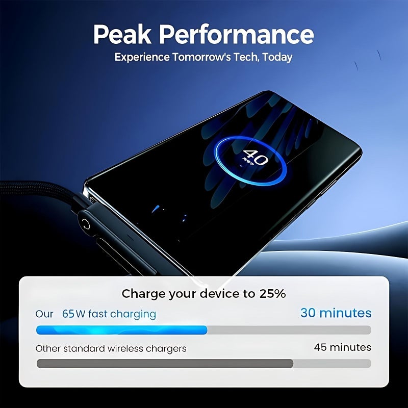 كابل شحن سريع أسود بقدرة 65 واط، نوع USB-C، مع حامل تلفون قابل للطي مدمج، متوافق مع سلسلة iPhone 15 و16 و17، بطول 150 سم. - Image 2
