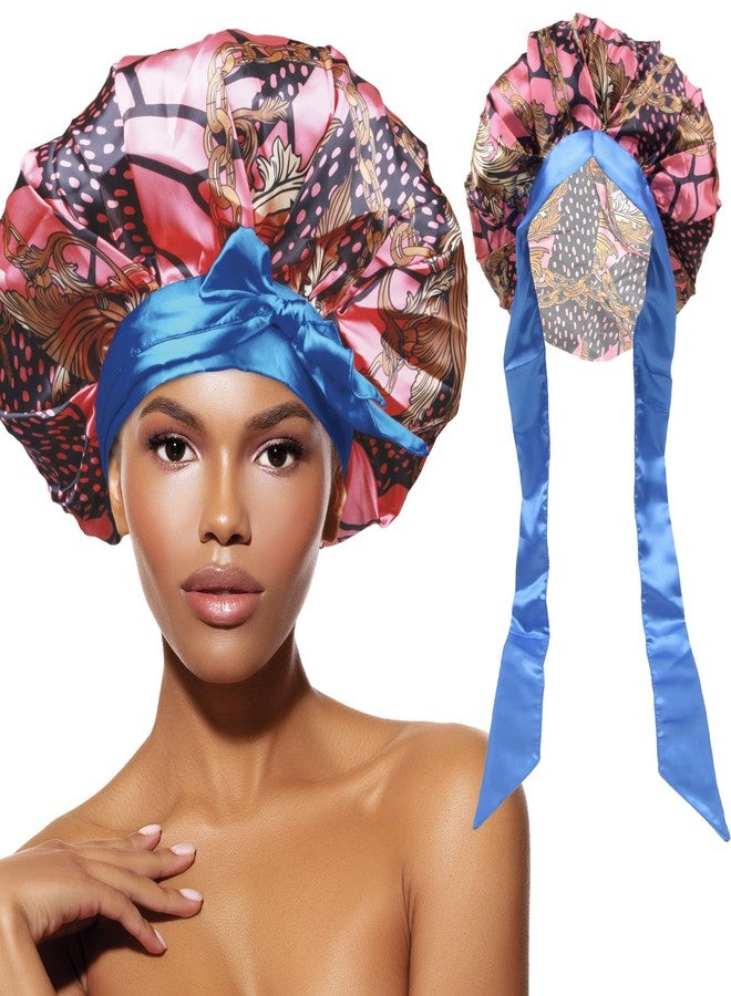 DONNA Large, Extra Large Adjustable Tie Satin Bonnet Sleep Cap 1pc Satin Headband Around Hairline & Nape Area Hair Accessories Night Cap Shower Caps, 1PC VICTORIAN PATTERN - Image 1