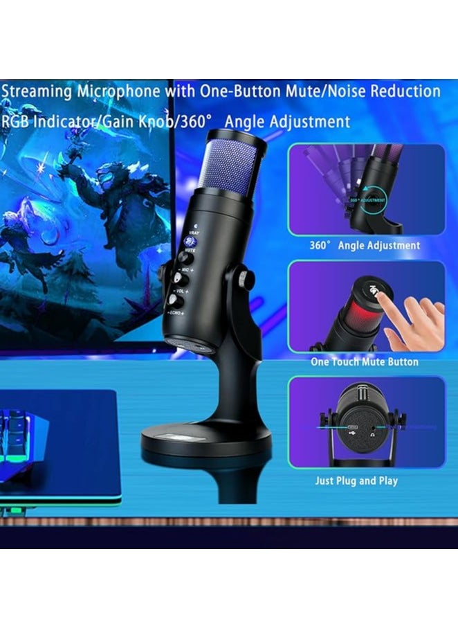 Gaming Microphone, USB Condenser Podcast Microphone With RGB Lighting,Tap-to-Mute Sensor, Cardioid Polar Pattern For Gaming, Streaming, Podcasts, Twitch, YouTube And Discord
