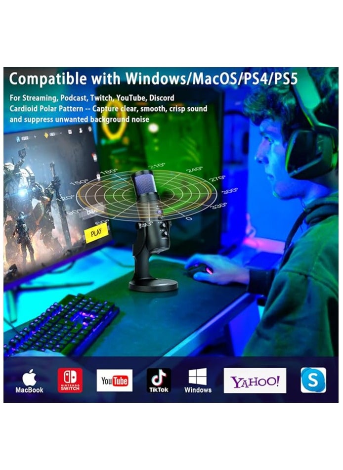 Gaming Microphone, USB Condenser Podcast Microphone With RGB Lighting,Tap-to-Mute Sensor, Cardioid Polar Pattern For Gaming, Streaming, Podcasts, Twitch, YouTube And Discord