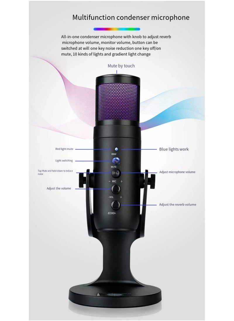 Gaming Microphone, USB Condenser Podcast Microphone With RGB Lighting,Tap-to-Mute Sensor, Cardioid Polar Pattern For Gaming, Streaming, Podcasts, Twitch, YouTube And Discord
