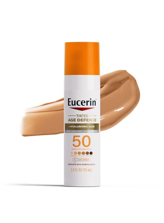 Eucerin لوشن واقي شمس للوجه بتأثير ملون SPF 50 مع حمض الهيالورونيك، واقي شمس ملون للوجه، لون قابل للدمج لجميع ألوان البشرة، غير كوميدوغينيك ومضاد للحساسية، زجاجة 2.5 أونصة سائلة - Image 1