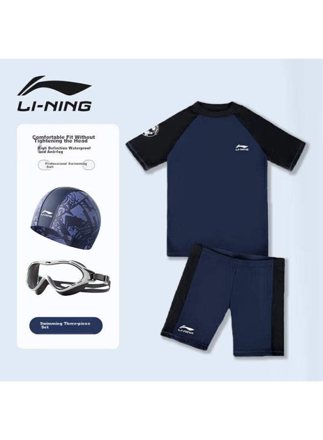 Li-ning Children's Swimwear, Boys' Two-piece Swimsuit, Swimming Trunks 383, Navy Blue, Swimming Goggles And Swim Cap Set, Size 160 - Image 1