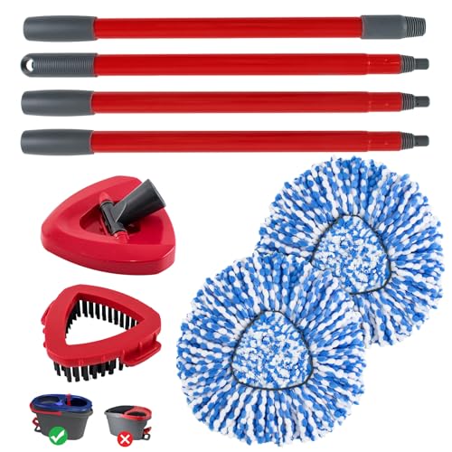 Heuihm Spin Mop Handle,Mop Head,Base and Brush for OCedar RinseClean 2 Tank System,Include 2 Microfiber Spin Mop Replacement Head,4 Section 30-58" Iron Mop Handle,1 Base and 1 Scrub Brush for Floor Cleaning - Image 1