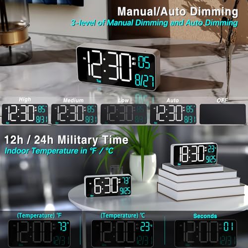 KOSUMOSU Digital Alarm Clock for Bedroom,6.7in Small Digital Clock,Auto Dimming,Date,Day of Week,Seconds or Indoor Temp,LED Alarm Clocks for Living Room,White Desk Clocks for Bedrooms - Image 3