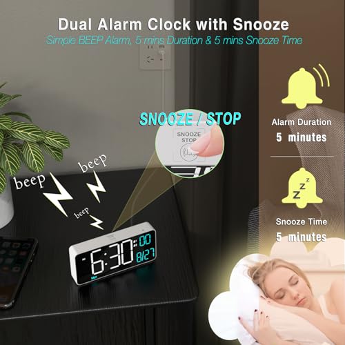 KOSUMOSU Digital Alarm Clock for Bedroom,6.7in Small Digital Clock,Auto Dimming,Date,Day of Week,Seconds or Indoor Temp,LED Alarm Clocks for Living Room,White Desk Clocks for Bedrooms - Image 5