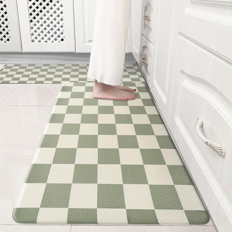 VivaNest Beige Sage Checkered Grid Checkerboard Kitchen Rug Sets [2 PCs], Anti-Fatigue, Waterproof Non-Slip Kitchen Mats Heavy Duty Comfort Foam Rug for Kitchen, Floor, Laundry,17"x29"+17"x47" - Image 1