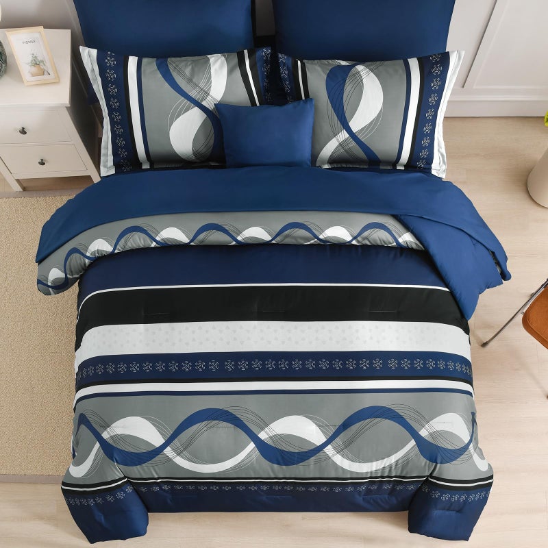 Anibedding Navy Blue Comforter Set Queen Size,8 Pieces Boho Bed in a Bag Patchwork Striped Comforter Set, Soft Microfiber Bedding Set for All Season(90"Ã—90") - Image 3
