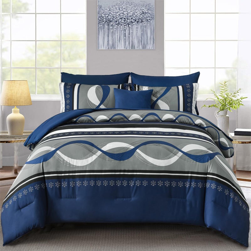 Anibedding Navy Blue Comforter Set Queen Size,8 Pieces Boho Bed in a Bag Patchwork Striped Comforter Set, Soft Microfiber Bedding Set for All Season(90"Ã—90") - Image 1