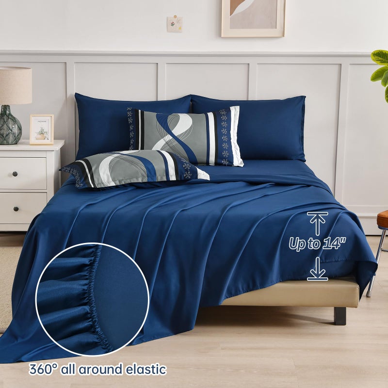Anibedding Navy Blue Comforter Set Queen Size,8 Pieces Boho Bed in a Bag Patchwork Striped Comforter Set, Soft Microfiber Bedding Set for All Season(90"Ã—90") - Image 4