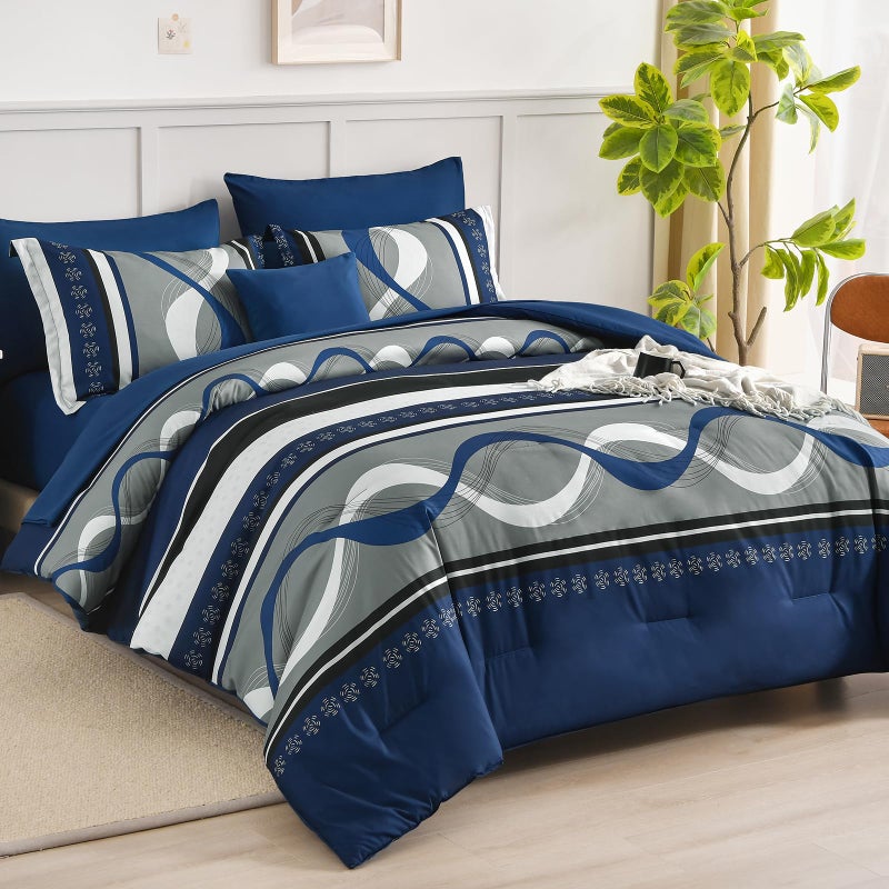 Anibedding Navy Blue Comforter Set Queen Size,8 Pieces Boho Bed in a Bag Patchwork Striped Comforter Set, Soft Microfiber Bedding Set for All Season(90"Ã—90") - Image 2