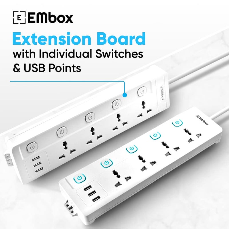 EMBOX لوحة تمديد 10A مع منفذ USB - 4 مقابس عالمية و 3 منافذ شحن USB (2.4 A) مع مؤشر، كابل ثقيل 2500W، 250 فولت (كابل بطول 2 متر) - Image 2
