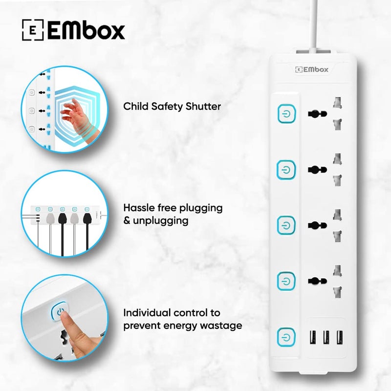 EMBOX لوحة تمديد 10A مع منفذ USB - 4 مقابس عالمية و 3 منافذ شحن USB (2.4 A) مع مؤشر، كابل ثقيل 2500W، 250 فولت (كابل بطول 2 متر) - Image 4