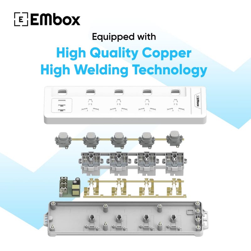 EMBOX لوحة تمديد 10A مع منفذ USB - 4 مقابس عالمية و 3 منافذ شحن USB (2.4 A) مع مؤشر، كابل ثقيل 2500W، 250 فولت (كابل بطول 2 متر) - Image 5