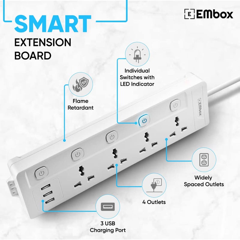 EMBOX لوحة تمديد 10A مع منفذ USB - 4 مقابس عالمية و 3 منافذ شحن USB (2.4 A) مع مؤشر، كابل ثقيل 2500W، 250 فولت (كابل بطول 2 متر) - Image 3