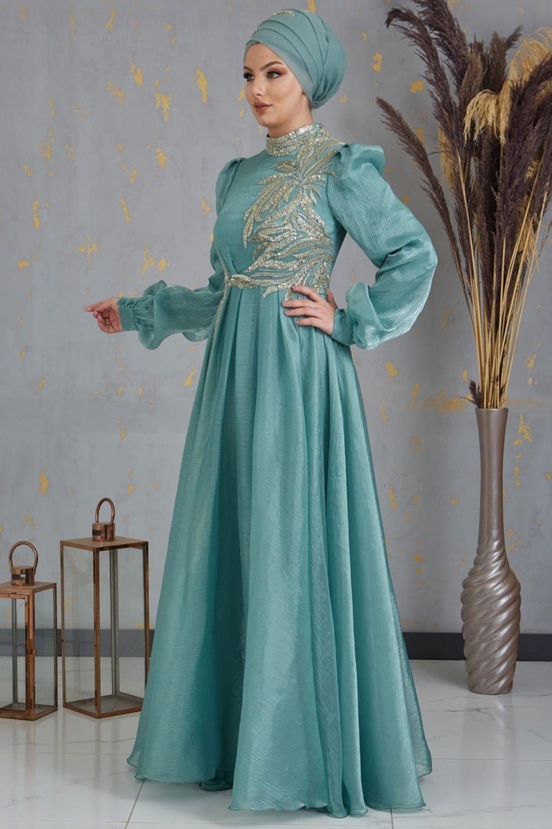 Esilanur Yagmur Hijab Evening Dress Mint  - Image 3