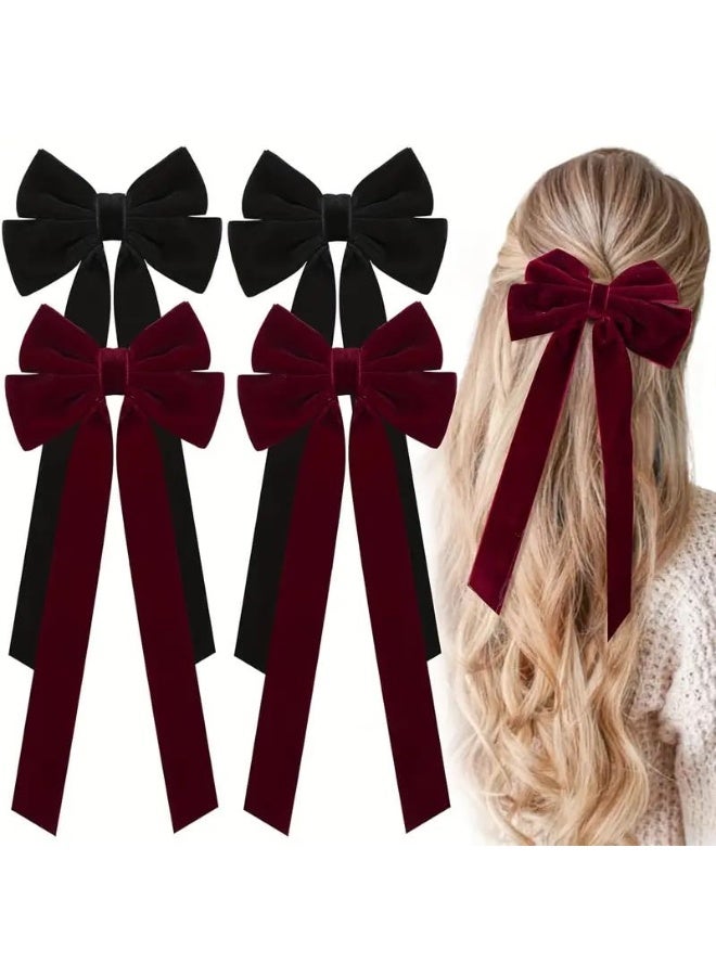 JCD 4 Pcs Velvet Bow Hair Clips, Large Ribbon Hairpins, Vintage Style, Red & Black - Image 1