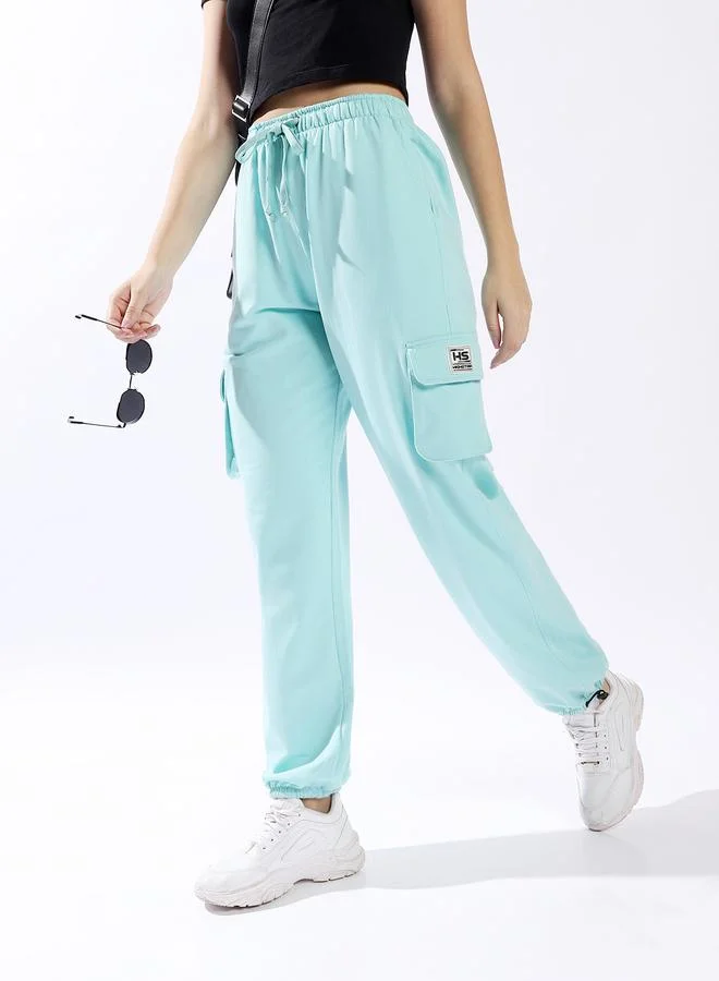 HIGH STAR Women's Blue 100% Cotton Solid Pattern Full Length Casual Jogger Track Pant