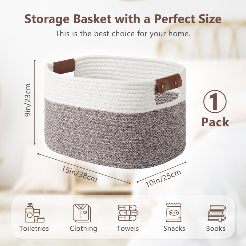 ECDYQXVU Cotton Rope Basket, Storage Baskets with Handle, 15x10x9 Inch Woven Basket for Shelves, Laundry, Towels, Clothes, Books (White Brown 1 Pack) - Image 3