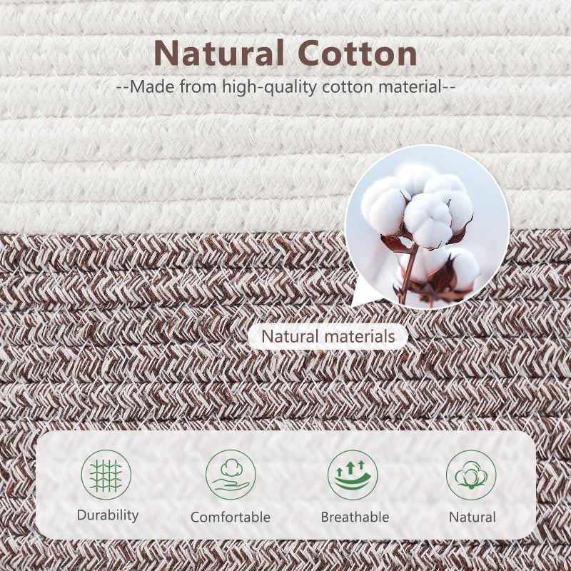 ECDYQXVU Cotton Rope Basket, Storage Baskets with Handle, 15x10x9 Inch Woven Basket for Shelves, Laundry, Towels, Clothes, Books (White Brown 1 Pack) - Image 2