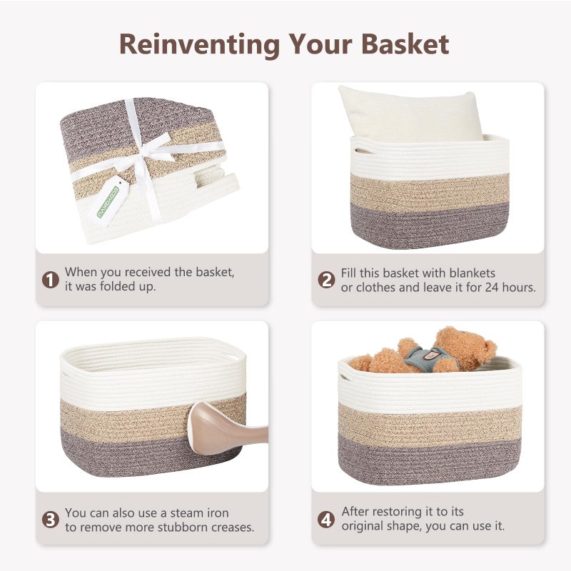 ECDYQXVU Cotton Rope Basket, Storage Baskets with Handle, 15x10x9 Inch Woven Basket for Shelves, Laundry, Towels, Clothes, Books (White Brown 1 Pack) - Image 4