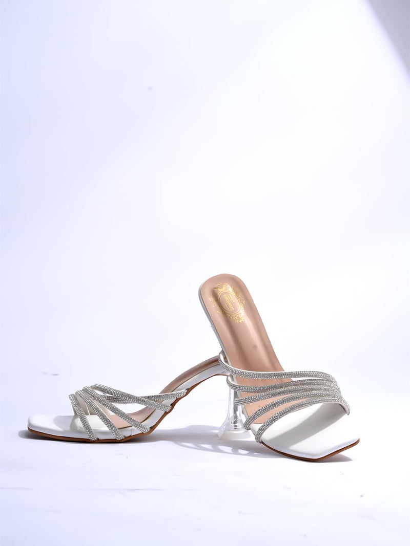 Shoetopia Women’s Strappy  Heeled Sandals – Square Toe Mule Slides, Sparkly Crystal Thin-Strap Dress Heels with Fla Block Heel – Bridal/Party & Casual Footwear - Image 5
