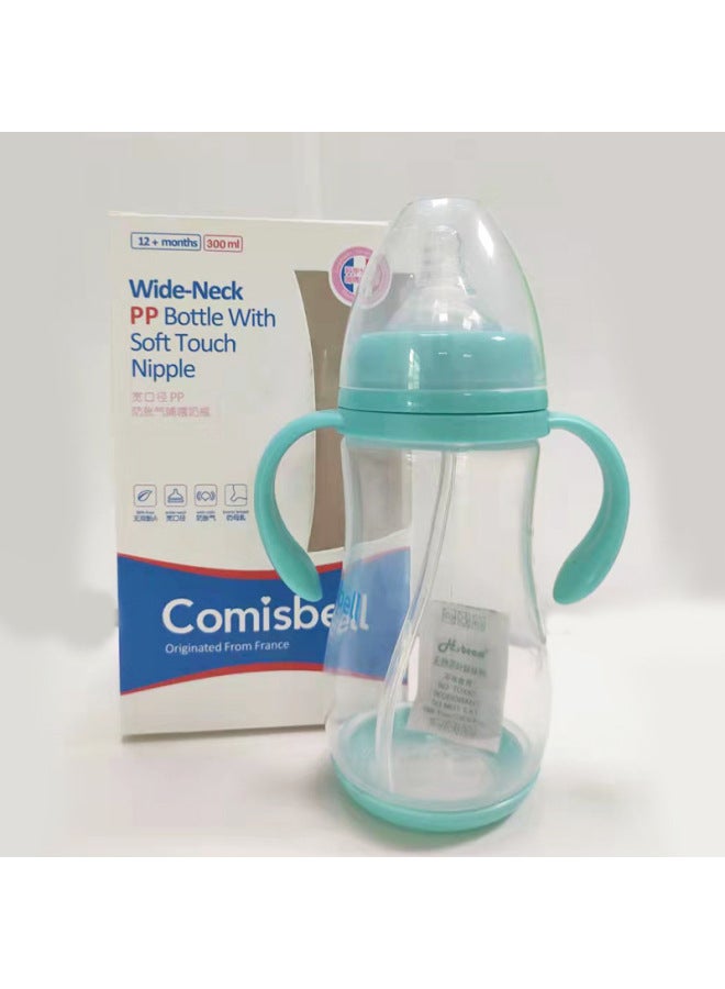 Baby Wide Diameter PP Bottle With Handle Straw Lid Anti-flatulence Brand Plastic Bottle Genuine Special Wholesale-Color:Green-Capacity:300ml  - Image 1
