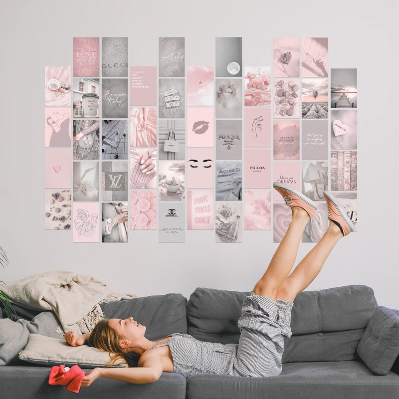KONGSY Pink Wall Collage Kit (50pcs, 4x6inch) - Pink & Grey Room Decor for Girls, Wall Decor for Bedroom, Dorm - Image 3