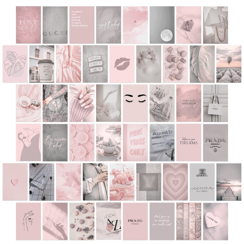 KONGSY Pink Wall Collage Kit (50pcs, 4x6inch) - Pink & Grey Room Decor for Girls, Wall Decor for Bedroom, Dorm - Image 1
