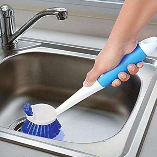 Sakoraware Dual Action Dish Brush with Plastic Handle | Featuring | Flexible | Hanging Provision | Cleaning Wash Basin for Home | Kitchen | Blue, White Pack of 1 - Image 1