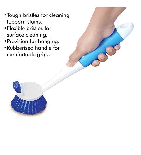 Sakoraware Dual Action Dish Brush with Plastic Handle | Featuring | Flexible | Hanging Provision | Cleaning Wash Basin for Home | Kitchen | Blue, White Pack of 1 - Image 2