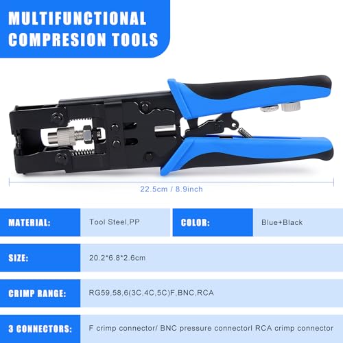 Delgada Coax Cable Crimper, 3 in 1 Multifunctional Compression Adjustable Tool for F BNC RCA,RG58 RG59 RG6, Universal Wire strippe - Image 3