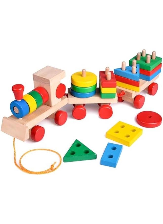 Stacking Train, Shape Sorter Wooden Toys(23 pcs), Sorting & Stacking Toys for Toddler 3, Montessori Toys for 3 Year Old Boy Girl Gifts, Kids Wooden Train Toy  - Image 1