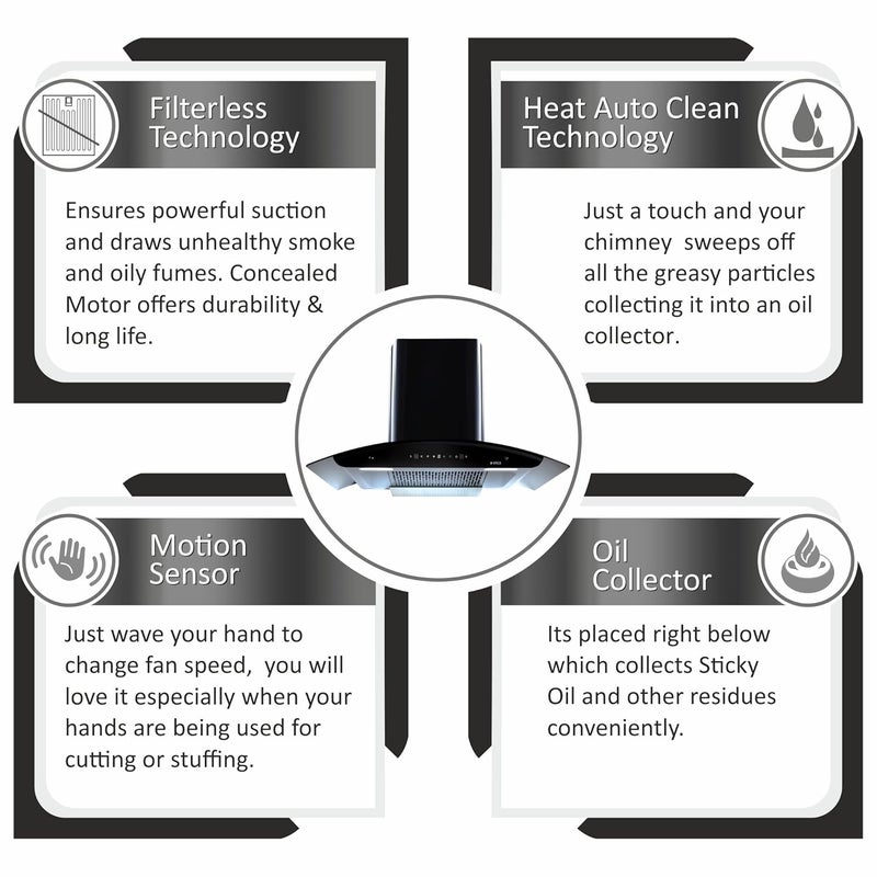 Elica Elica 90cm 1600 m3hr Filterless Autoclean Kitchen Chimney with 15 Years Warranty WD TFL HAC 90 MS NERO Black Touch Motion Sensor Control Free Installation Kit  - Image 2