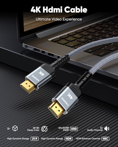 Highwings 4K Long HDMI 2.0 Cable 15FT/4.5m - 4K@60Hz HDR Braided HDMI Cord, 18Gbps High Speed with Ethernet/ARC, 3D, HDCP 2.2, ARC, Compatible for PS-5/4/3/4K HDTV/Monitor/Projector/Streaming Media - Image 4