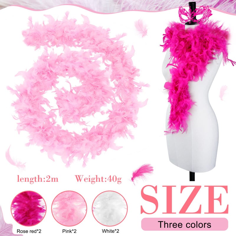 Juinte 6 Pcs Wedding Feather Boa 2.19 yd Turkey Chandelle Feather Boas Bulk Outfit Party Decors for Women Men Costumes(Pink, White, Rose Red) - Image 2