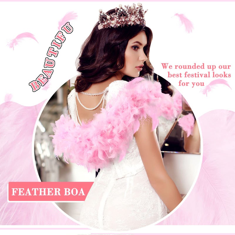 Juinte 6 Pcs Wedding Feather Boa 2.19 yd Turkey Chandelle Feather Boas Bulk Outfit Party Decors for Women Men Costumes(Pink, White, Rose Red) - Image 4