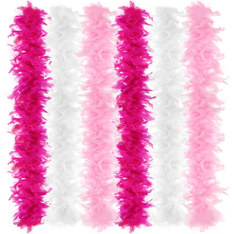 Juinte 6 Pcs Wedding Feather Boa 2.19 yd Turkey Chandelle Feather Boas Bulk Outfit Party Decors for Women Men Costumes(Pink, White, Rose Red) - Image 1