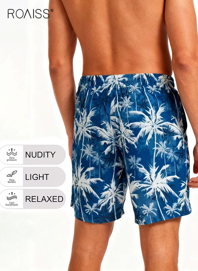 roaiss Men's Skateboarding and Surfing Print Straight Leg Shorts Gym Fashion Shorts Four-Way Stretch Beach Shorts for Men Comfortable Loose Fit Drawstring Elastic Waist Beach Shorts Blue - Image 3