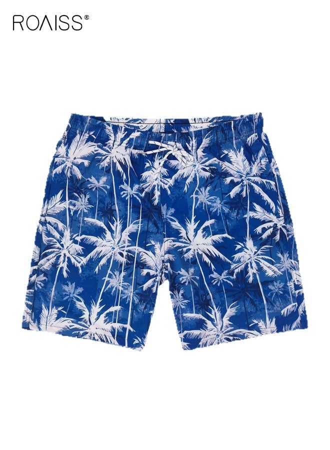 roaiss Men's Skateboarding and Surfing Print Straight Leg Shorts Gym Fashion Shorts Four-Way Stretch Beach Shorts for Men Comfortable Loose Fit Drawstring Elastic Waist Beach Shorts Blue - Image 4