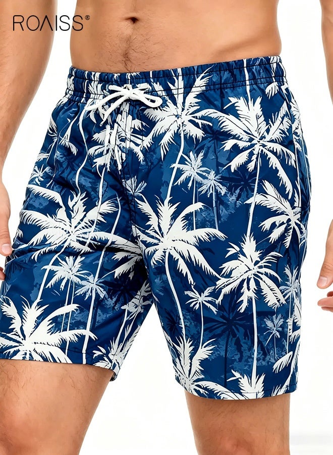 roaiss Men's Skateboarding and Surfing Print Straight Leg Shorts Gym Fashion Shorts Four-Way Stretch Beach Shorts for Men Comfortable Loose Fit Drawstring Elastic Waist Beach Shorts Blue - Image 1